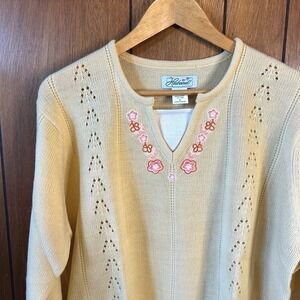 Haband!‎ Womens XL Yellow Floral Embroidered Knit Sweater Pullover Long Sleeve